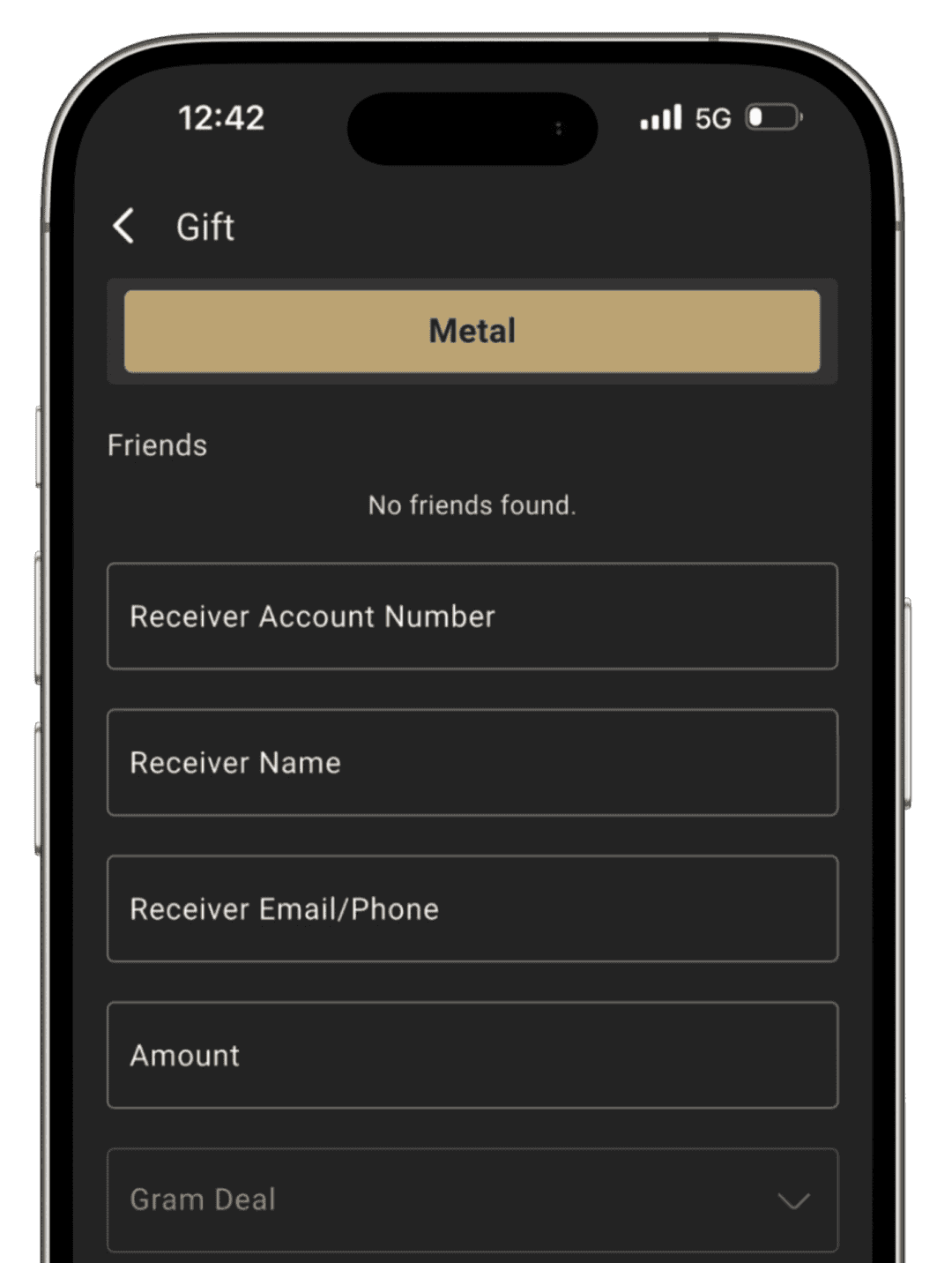 Save in Gold gift interface showing gift money and gift gold options with friends list and transfer details