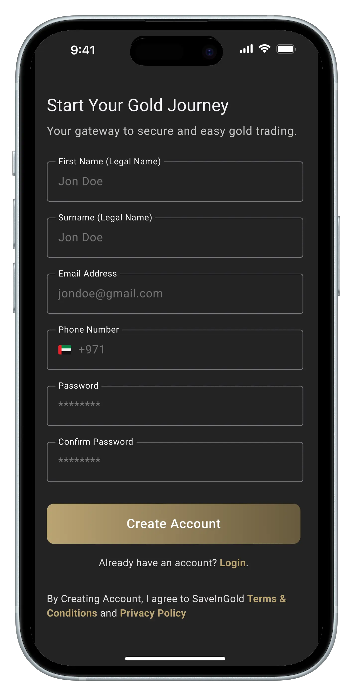 Start Your Gold Journey - Account creation form for secure gold trading platform