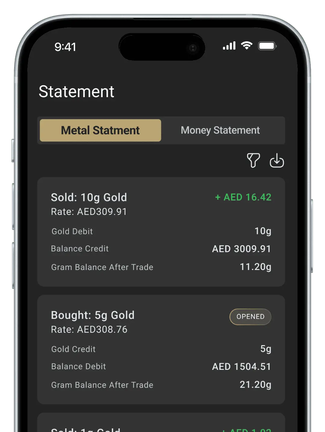 Save in Gold statement interface showing metal and money statements with transaction details and balance information