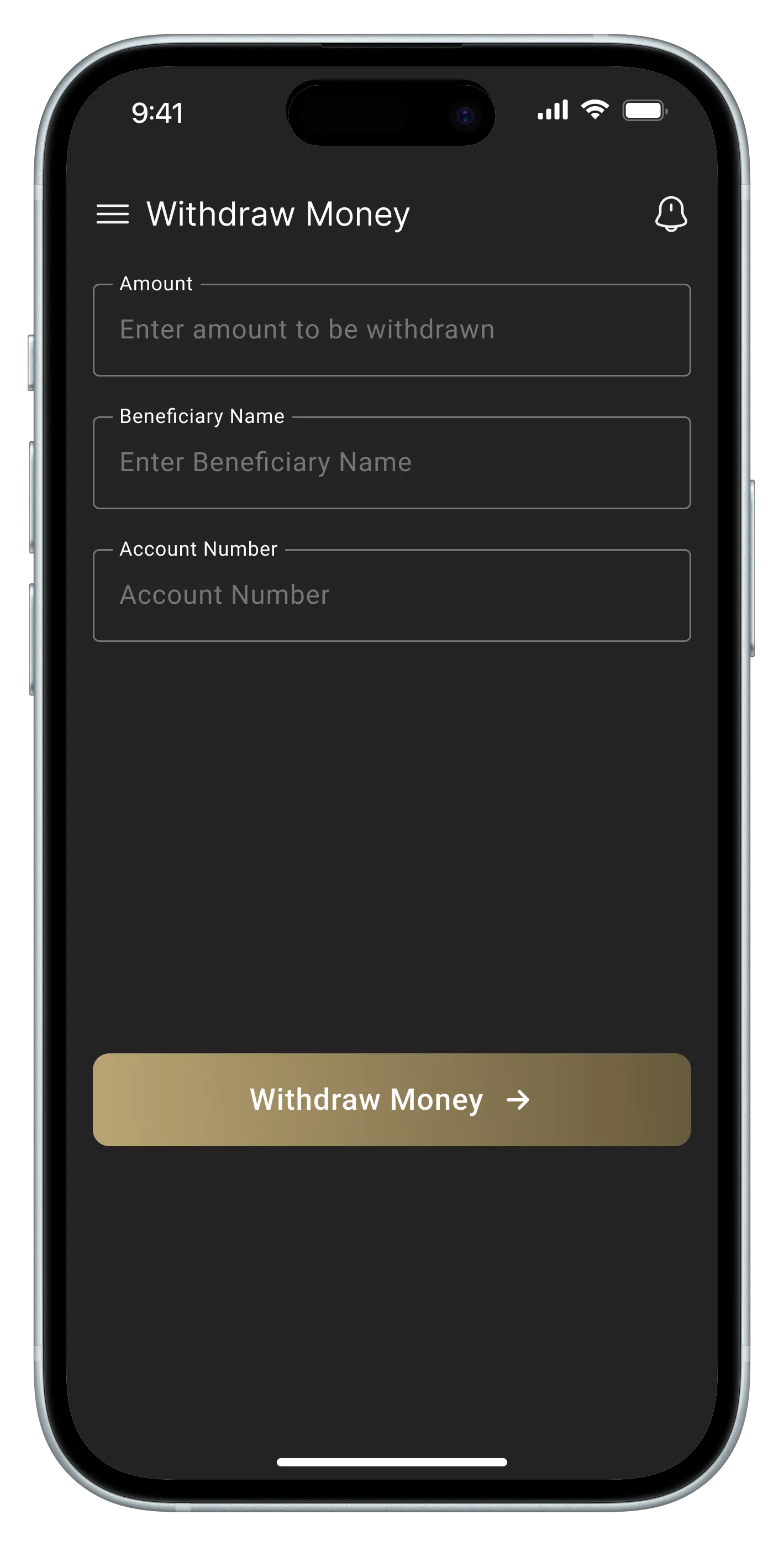 Withdraw Money - Money withdrawal interface with amount input, beneficiary name, and account number fields