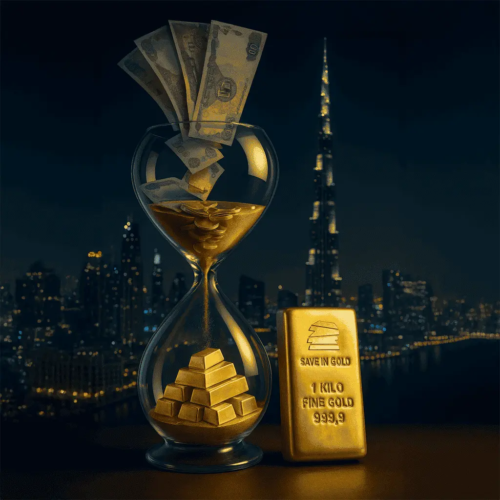 Long-term value growth represented by hourglass transforming UAE currency into gold bars with Save in Gold 1 kilo bar against Dubai skyline at night