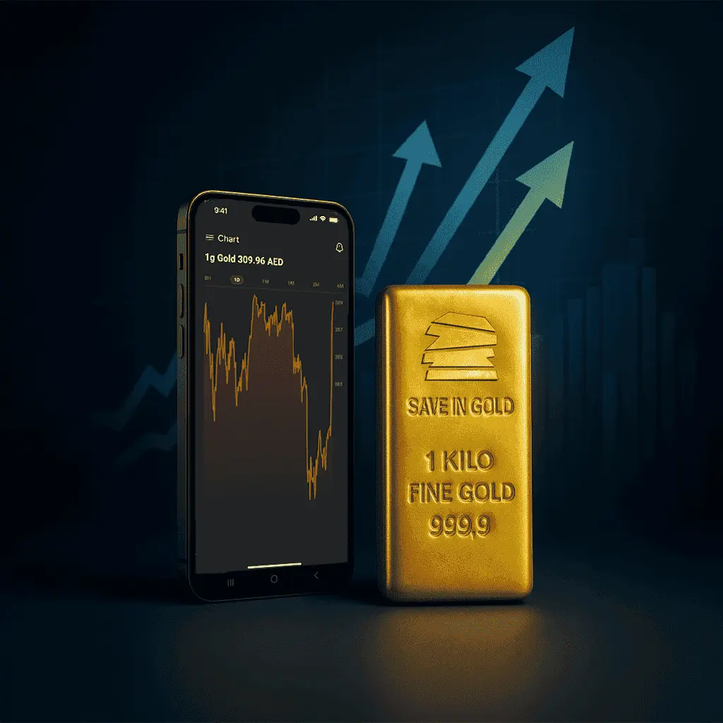 Real tangible asset featuring smartphone displaying gold price chart with Save in Gold 1 kilo bar and upward growth arrows showing investment performance