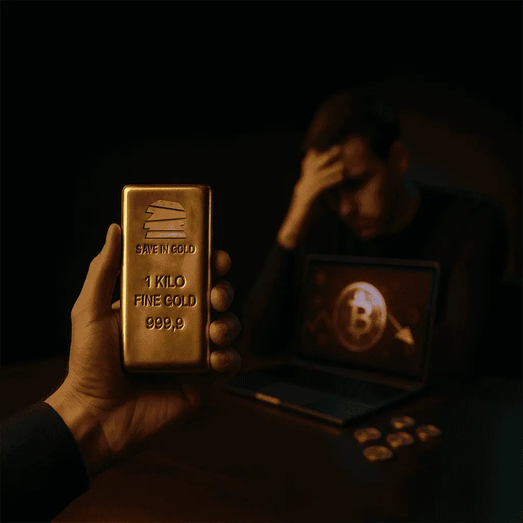 Safe haven in uncertainty with hand holding Save in Gold 1 kilo bar while stressed person faces market volatility on computer screen