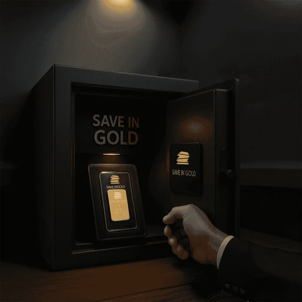 Secure vault storage with Save in Gold branded digital tablet and gold bar, representing bank-level security and professional storage