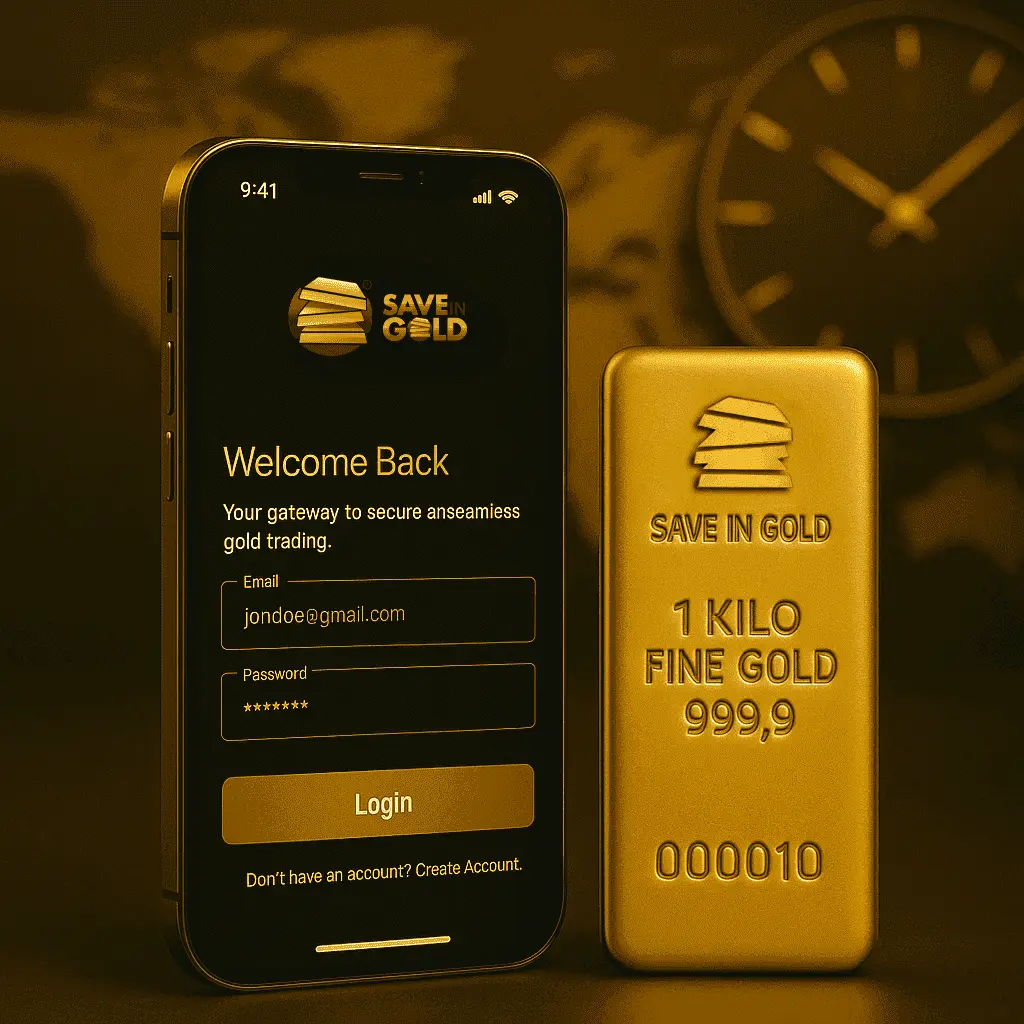 Save in Gold app login interface with 1 kilo fine gold bar showing secure gateway to seamless gold trading platform