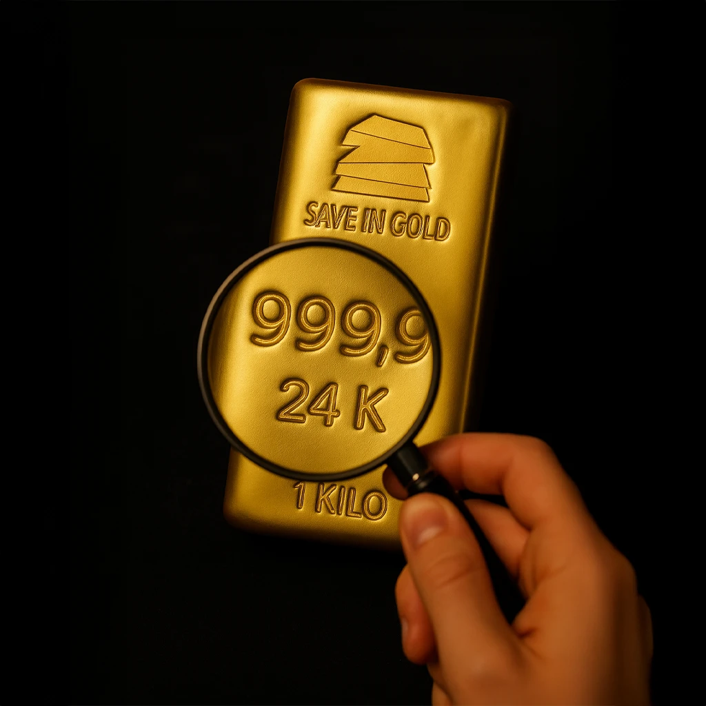 Gold quality verification showing magnifying glass examining 18K gold purity and 999.9 fine gold Save in Gold branded 1 kilo bar with detailed inspection