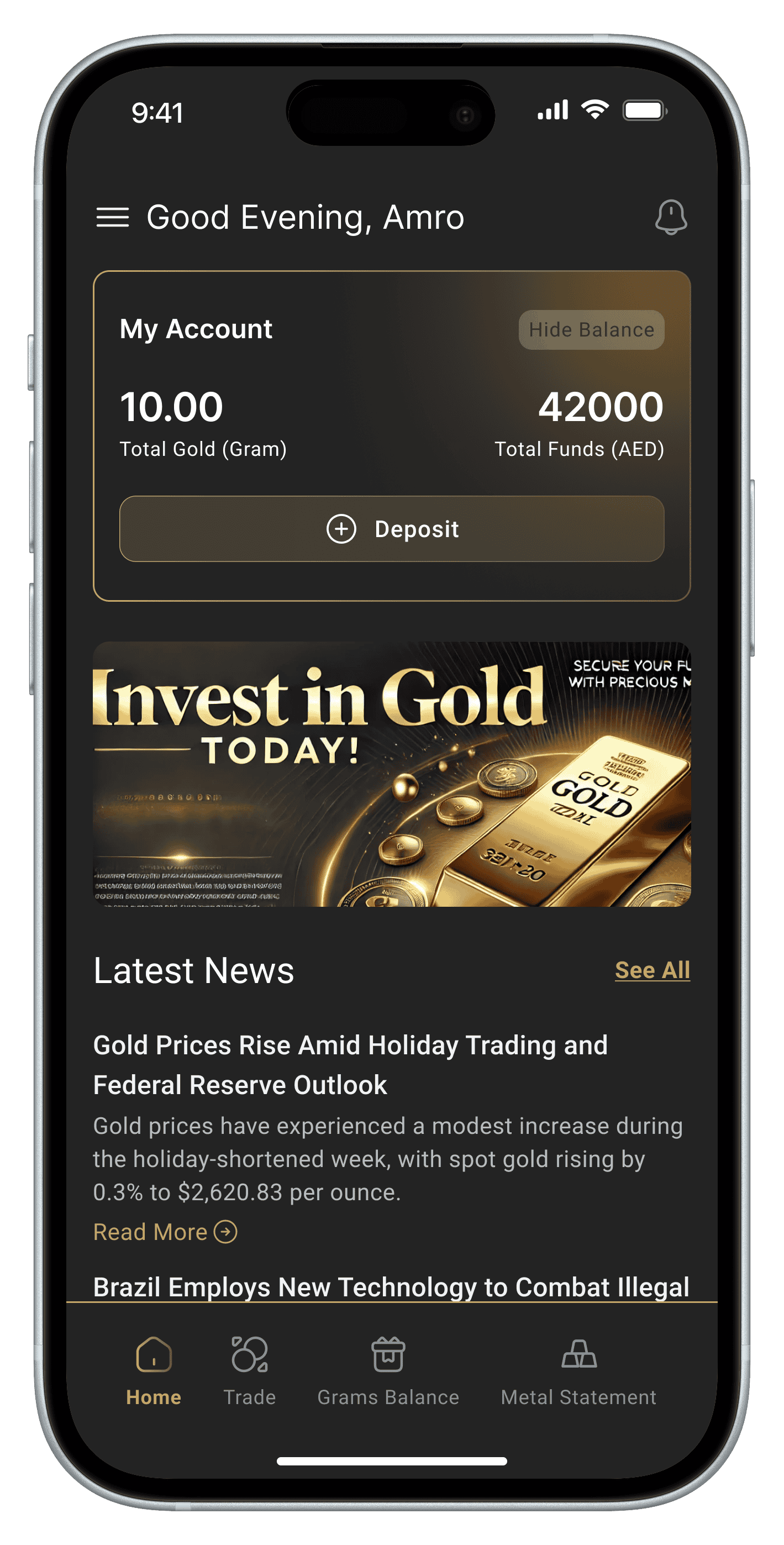 Save in Gold mobile app interface showing the new gold bars logo and branding